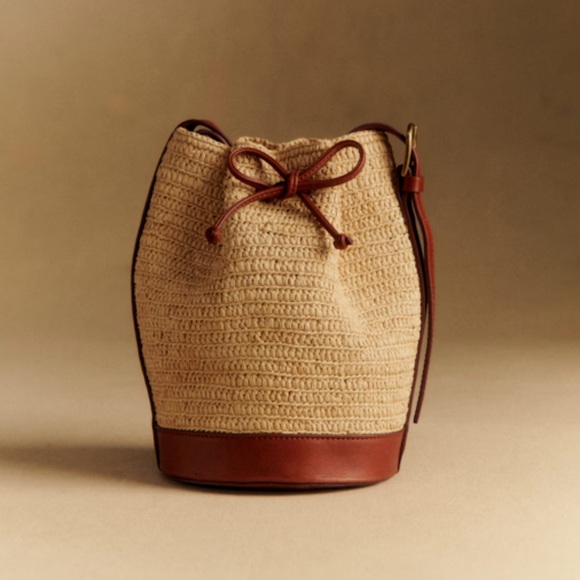 Sézane Mini Farrow Raphia Bag Bucket Leather Strap Natural Beige Woven Sezane - Picture 2 of 13